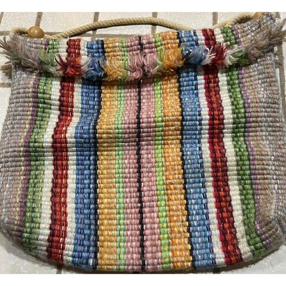 VTG 70s Handmade Tote Bag Stripped Yarn With Snap Closure - Picture 1 of 5